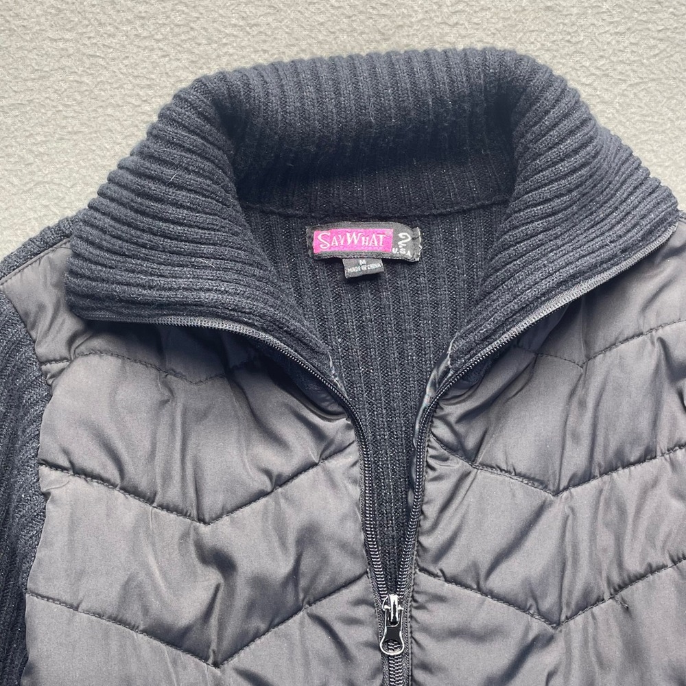 Say What Women Jacket Black Quilted Puffer Ribbed Knit Medium Hybrid Zip Up - Picture 4 of 11